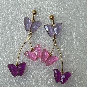 BUTTERFLY Chandelier and Delicate Crystal Hoop Earrings Three Pair EUC